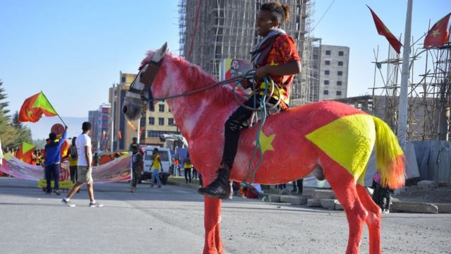 أحد سكان منطقة ميكلي يمتطي حصانًا عليه علم منطقة تيغراي أثناء حضورهم الاحتفالات بالذكرى السنوية الخامسة والأربعين للإطلاق. "الكفاح المسلح للمتنافسين" ، في 19 فبراير 2020 ، في عاصمته ميكي