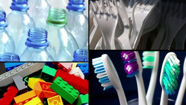 Assortment of plastic items: bottles, plastic forks, toothbrushes, plastic bricks