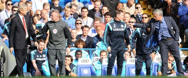 Arsene Wenger argues with Jose Mourinho on the touchline