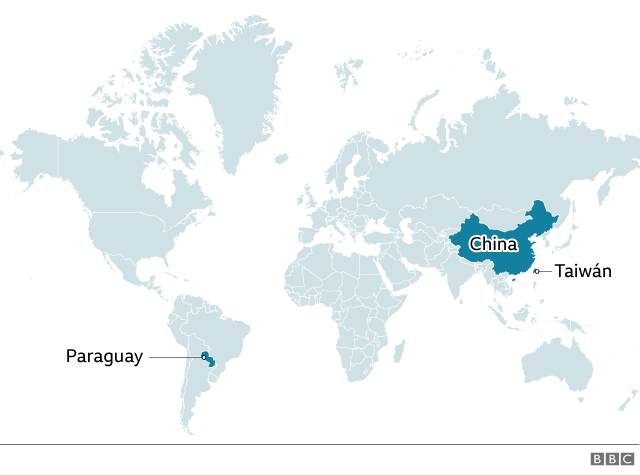 Mapa que muestra las ubicaciones de Paraguay. China y Taiwán