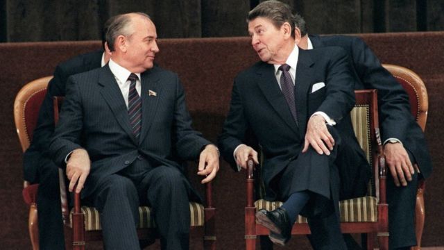 Mikhail Gorbachev with Ronald Reagan