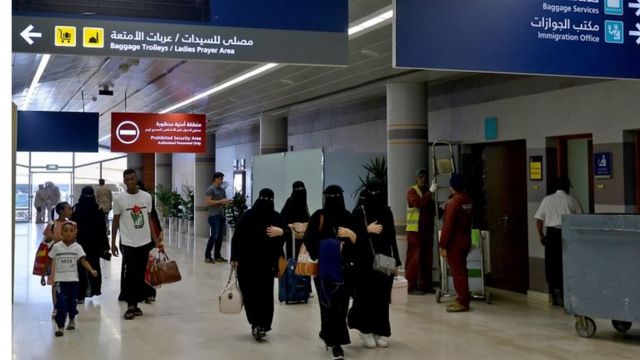 A picture taken during a guided tour with the Saudi military on 13 June 2019 shows Saudi women arriving at Abha airport in the popular mountain resort of the same name in the southwest of Saudi Arabia