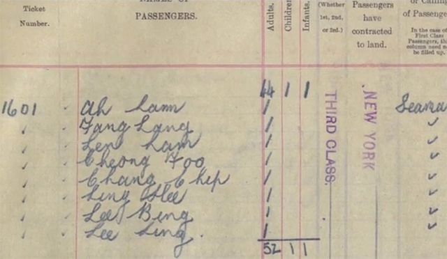 Um único bilhete lista os nomes dos oito passageiros chineses do Titanic - seis deles sobreviveram