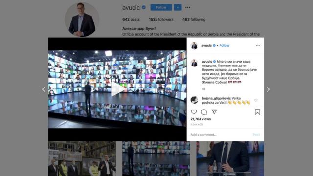 Snimak ekrana na kome je Instagram profil predsednika Vučića