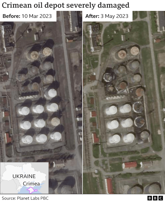 Eine Gegenüberstellung zweier Satellitenbilder eines Öllagers unter russischer Kontrolle auf der Krim, das am 29. April angeblich von ukrainischen Drohnen angegriffen wurde. Das Vorgängerbild vom 10. März 2023 zeigt alle Öltanks intakt, während das Bild vom 3. Mai 2023 mindestens sieben Lagertanks zerstört oder schwer beschädigt zeigt