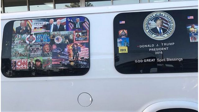 Mr Sayoc's van with pro-Trump images and an image reading 'CNN SUCKS dishonest media'