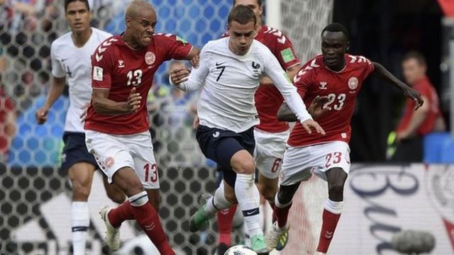 France plays Denmark in the 2018 World Cup