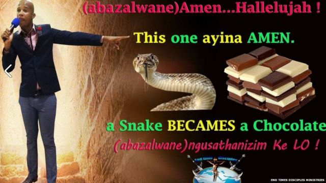 Tangazo katika facebook linalosema kwamba muhubiri huyo anaweza kubadilisha nyoka kuwa chokoleti