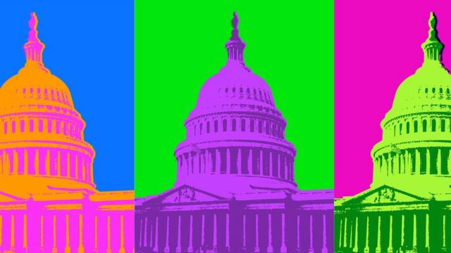 Sequência de três ilustrações do prédio do Congresso colorido com combinações diferentes de cores