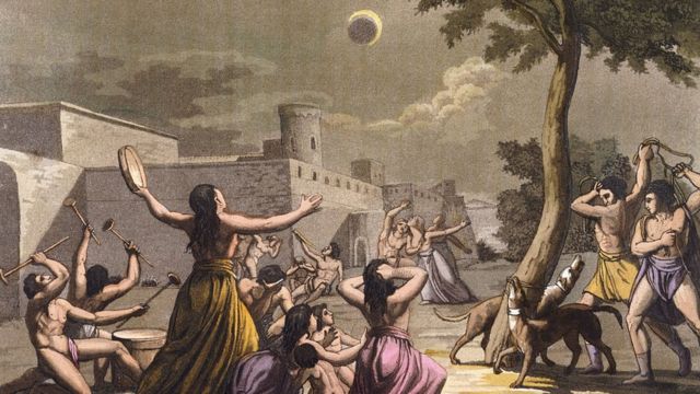 Ilustración de nativos americanos durante un eclipse solar.