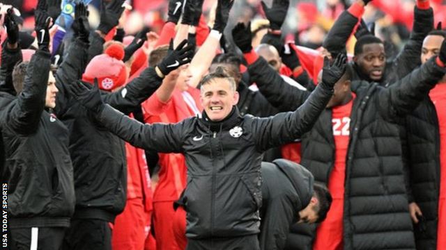 Canada boss John Herdman celebrates a goal against Jamaica in a World Cup qualifying game