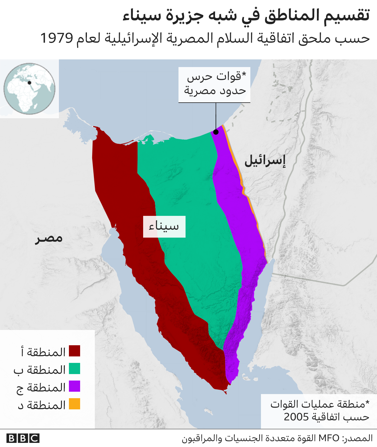 خارطة تظهر تقسيم المناطق في شبه جزيرة سيناء بحسب اتفاقية السلام عام 1979