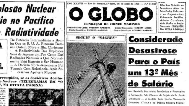 Capa do jornal O Globo em 26 de abril de 1926 com a manchete: 'Considerado desastroso para o país um 13º mês de salário'