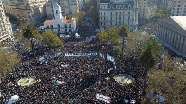 Thousands of people gathered at Plaza de Mayo in Buenos Aires on Friday to protest against the attack