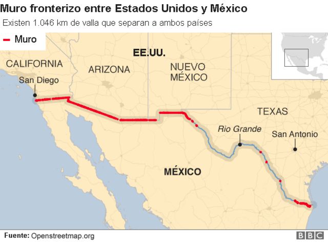 Mapa del muro entre EE.UU. y México