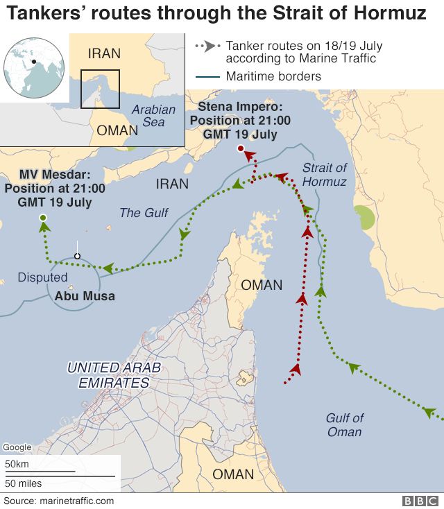 Map showing the two tankers' routes through the Strait of Hormuz