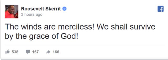 Post no Facebook do primeiro-ministro de Dominica,Roosevelt Skerrit: "Os ventos são impiedosos! Vamos sobreviver com a graça de Deus!"