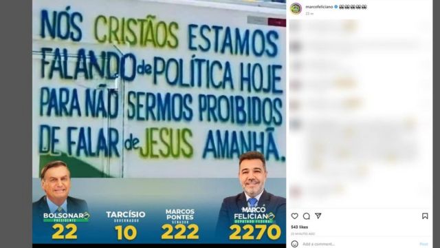Postagem na página no Instagram do deputado e pastor Marco Feliciano