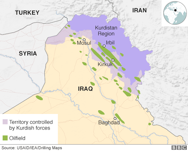 Map showing Iraqi Kurdistan and areas controlled by Kurdish forces