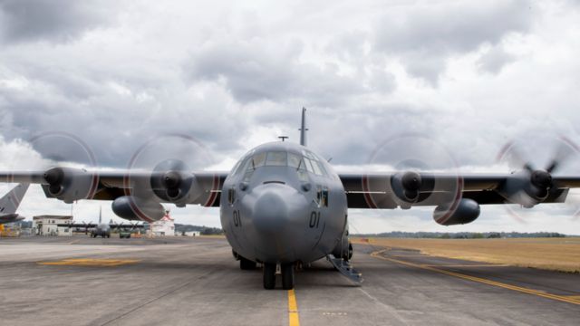 A New Zealand Hercules aircraft carrying emergency supplies on the tarmac at Auckland Airport