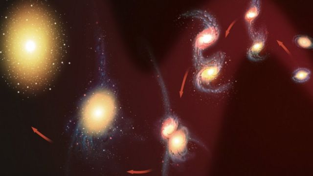 Ilustração do Universo com uma estrela brilhante e várias galáxias