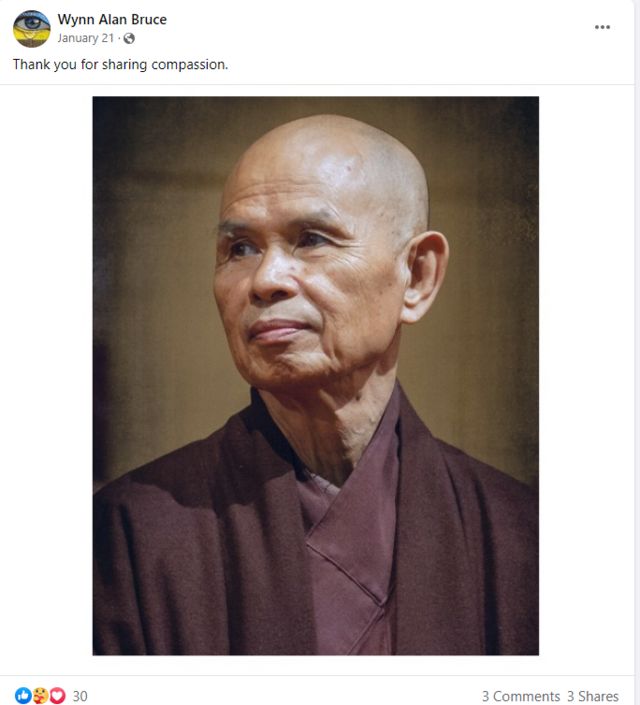 Imagen del monje Thich Nhat Hanh compartida por Wynn Bruce en sus redes sociales.