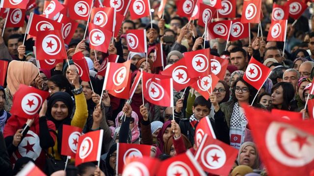 Protesters hold Tunisian flag