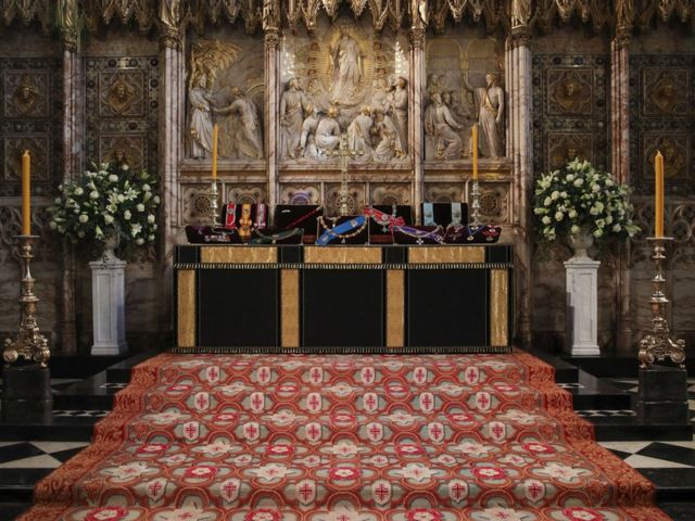 The Duke of Edinburgh's Insignia's placed on the altar in St George's Chapel, Windsor, ahead of his funeral.