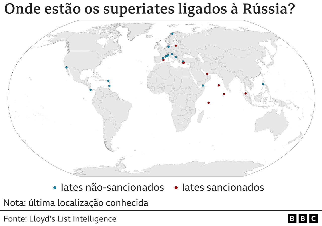 Mapa mostra localização de iates ligados a russos sancionados e não-sancionados no mundo