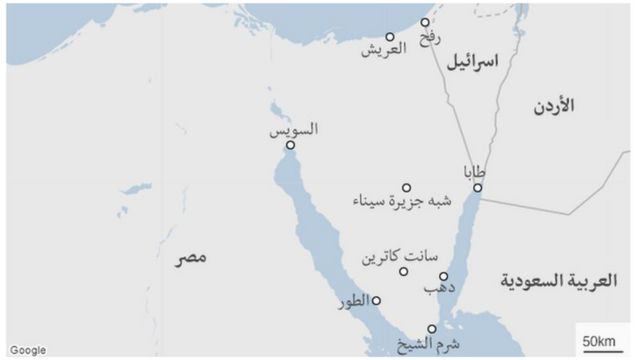 خريطة تبين موقع مدينة العريش المصرية والمسافة بينها وبين قطاع غزة.