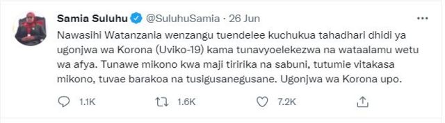 Picha ya ujumbe wa Rais Samia kwenye Twitter