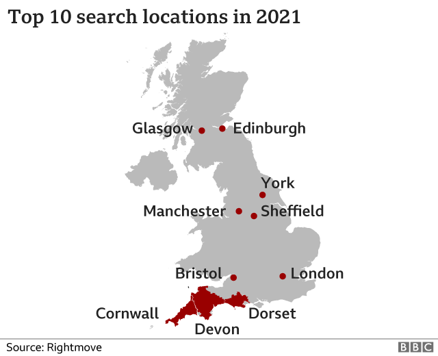 Map showing top 10 search locations