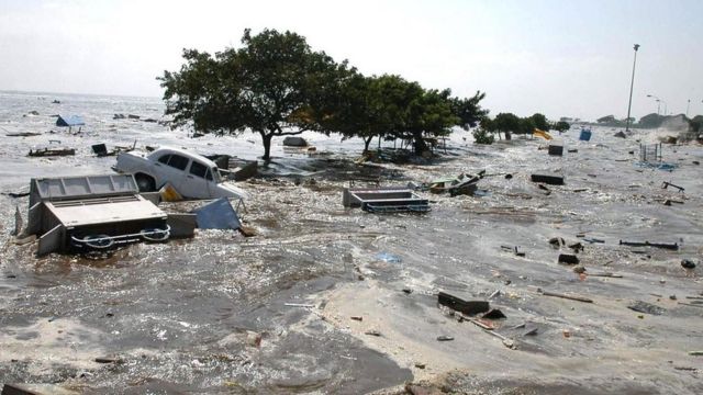 Imagen de casas y otros arrastrados por un tsunami