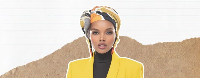 Headshot of Halima Aden over ripped paper