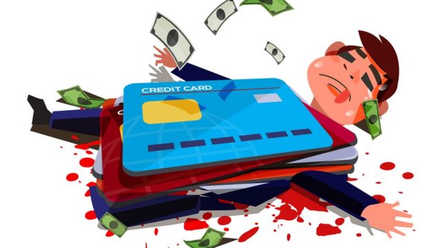 A cartoon of a man crushed under his credit cards
