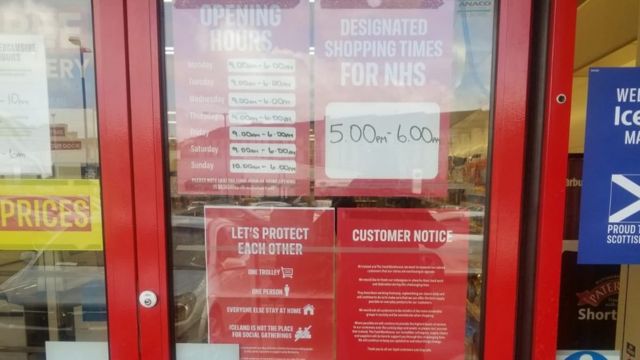 Iceland store showing sign NHS-only shopping hours