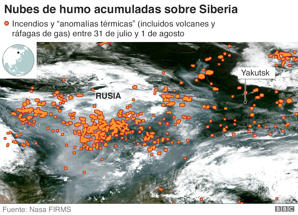 Imagen satelital de las nubes de humo sobre Rusia