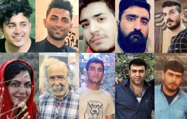 به ترتیت از بالا راست: عباس محمدی، محمد بسطامی، امیرحسین مرادی، سعید تمجیدی، محمد رجبی، هادی کیانی، مهدی صالحی و مجید نظری (محکوم به اعدام) و کیوان صمیمی و بهاره هدایت (محکوم به زندان)