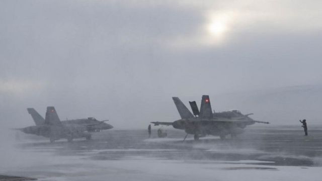 Canadian aircraft taking off from Greenland during an Arctic air defence exercise on 16 March