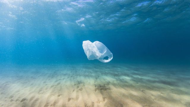 A plastic bag drifts in the clear blue ocean as a result of human pollution.