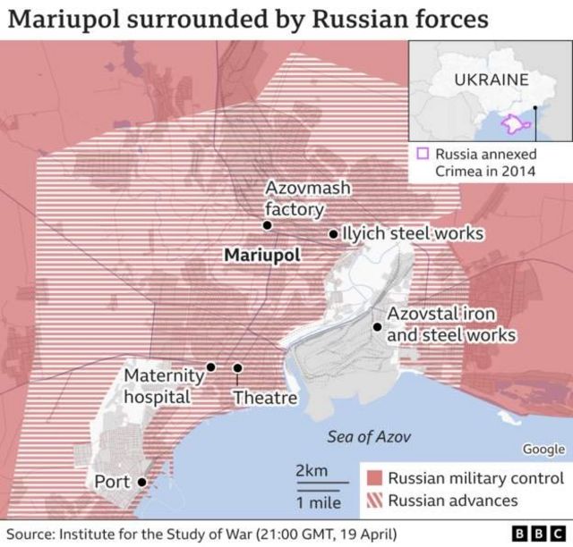馬里烏波爾已經基本被俄羅斯軍隊攻陷，只剩下位於市中心的亞速鋼鐵廠（Azovstal) 仍有烏克蘭部隊在抵抗。