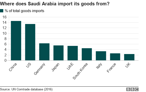 サウジアラビアの主な製品輸入相手国。中国と米国が合わせて全体の30%近くを占めるが、ドイツやイタリア、フランスなど欧州からの輸入も多い。日本が輸入量4位、韓国も6位に入っている