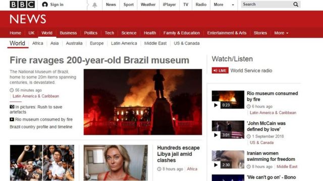 Capa do site da BBC News com destaque para o incêndio