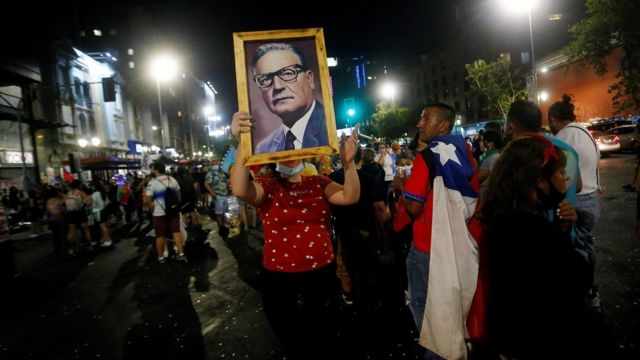 Simpatizantes de Gabriel Boric con una foto del fallecido presidente Salvador Allende. 19 de septiembre de 2021