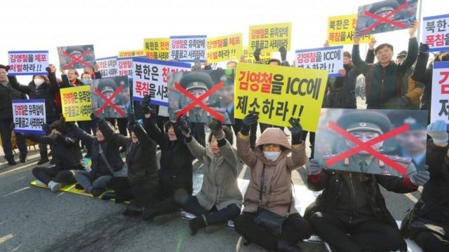 South Koreans protest against Gen Kim Yong-chol's visit in Paju, South Korea. Photo: 25 February 2018