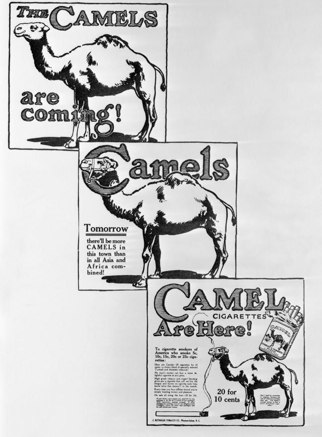La serie de propagandas anunciando la llegada de los cigarrillos Camel.