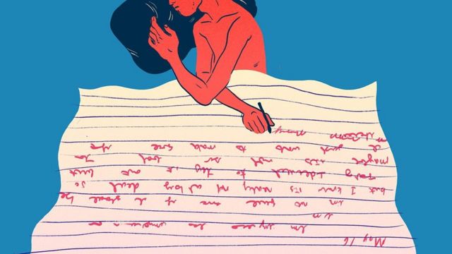 Animation of someone in bed, writing feelings on a piece of paper used as a bed cover