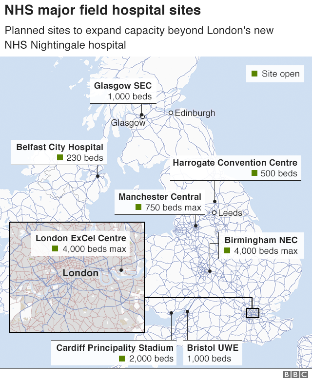 BBC graphic showing the location of the Nightingale Hospitals
