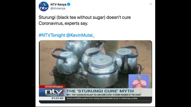 Twitter image from Kenyan TV, debunking tea drinking cure for Covid-19
