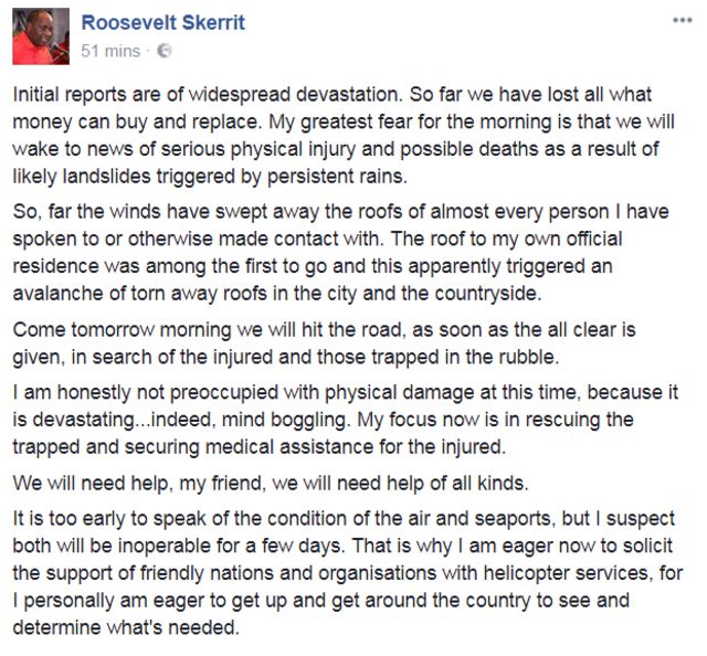 Dominica's PM Roosevelt Skerrit left a statement on Facebook describing how Hurricane Maria had "swept away roofs"